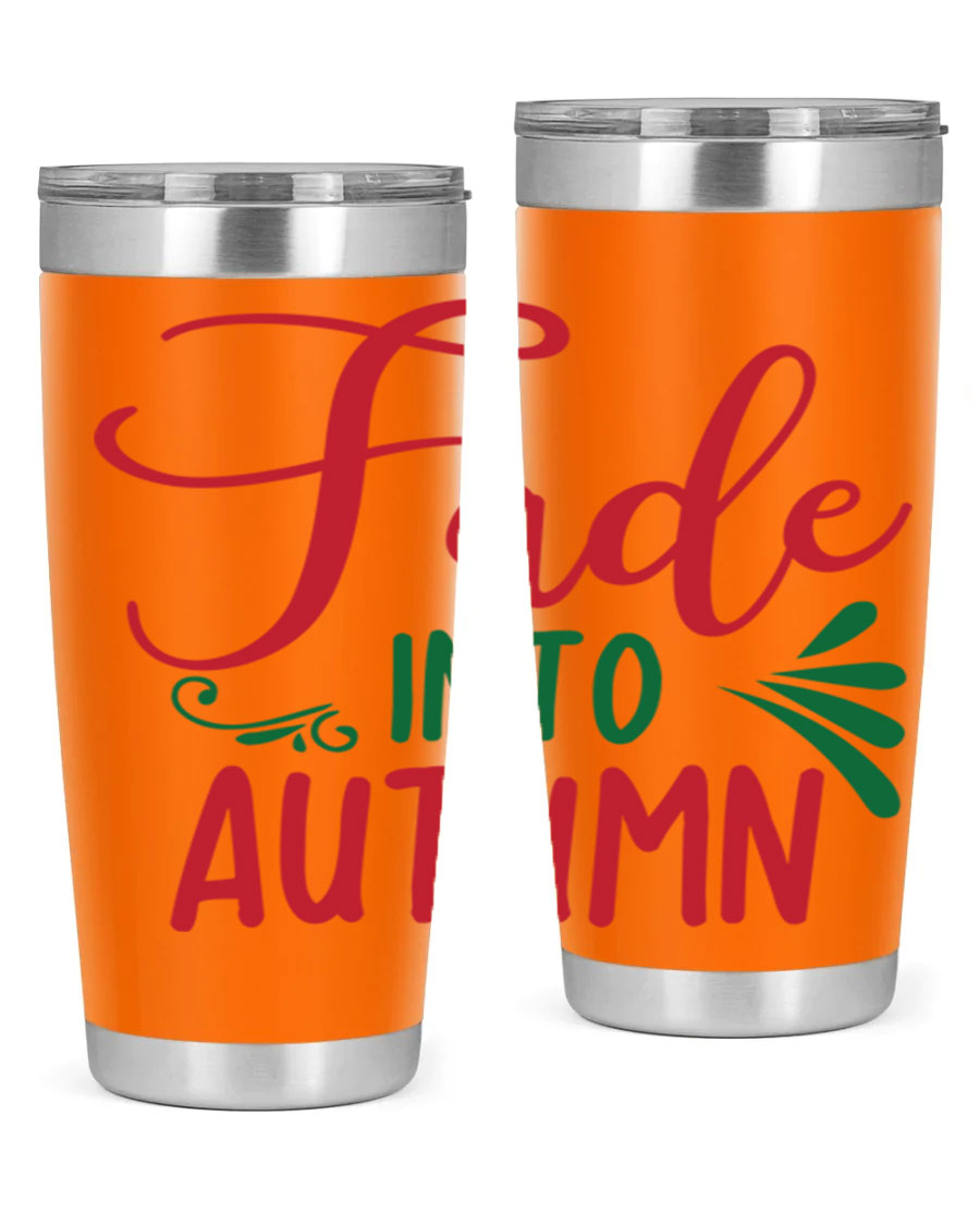 Fade Into Autumn 20oz Tumbler made of stainless steel with a copper lining, featuring a drink-thru lid and autumn-themed design.