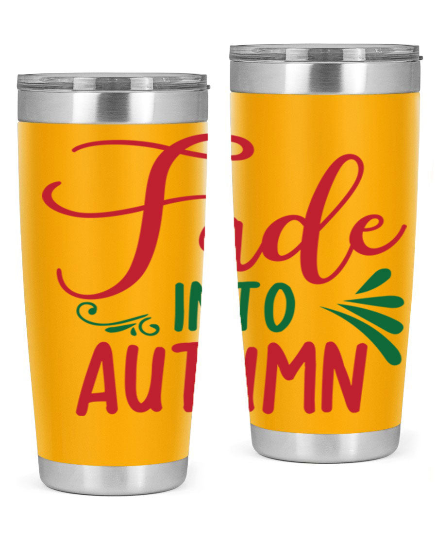 Fade Into Autumn 20oz Tumbler made of stainless steel with a copper lining, featuring a drink-thru lid and autumn-themed design.