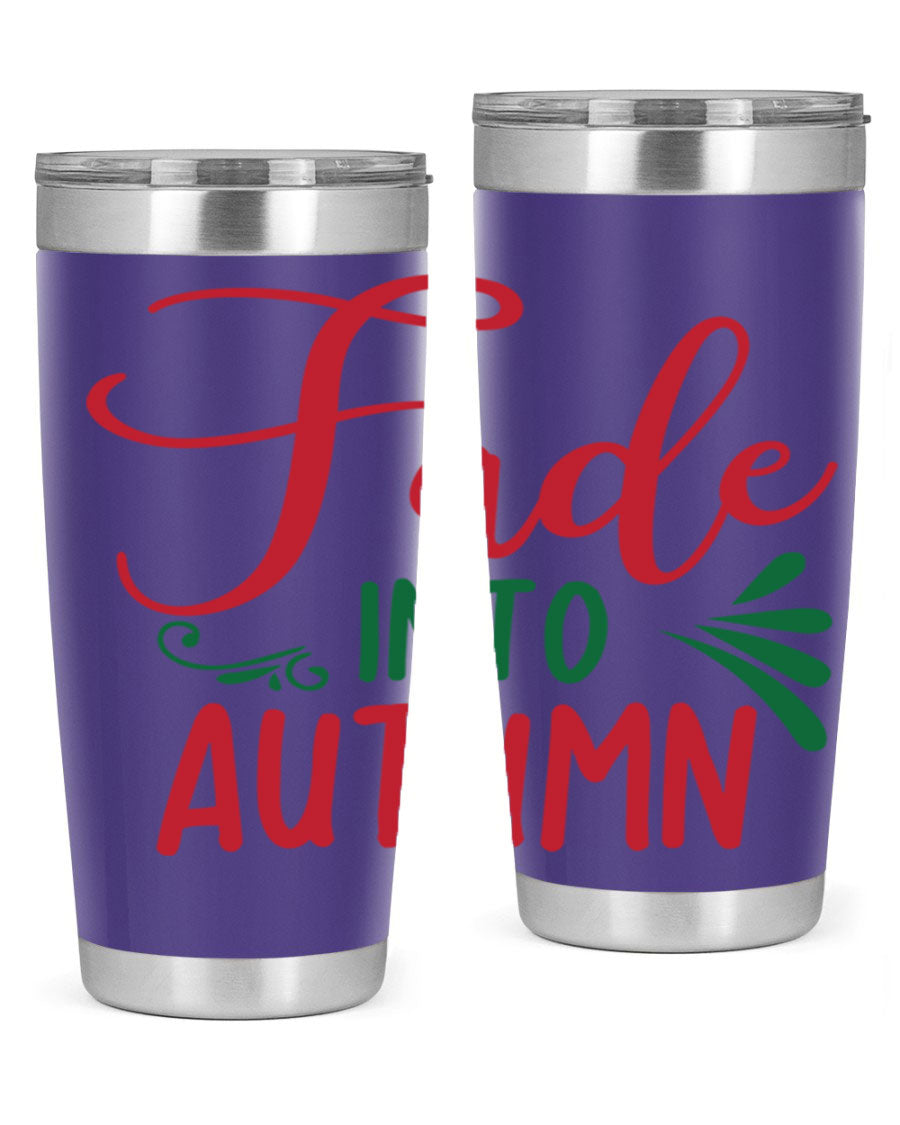 Fade Into Autumn 20oz Tumbler made of stainless steel with a copper lining, featuring a drink-thru lid and autumn-themed design.