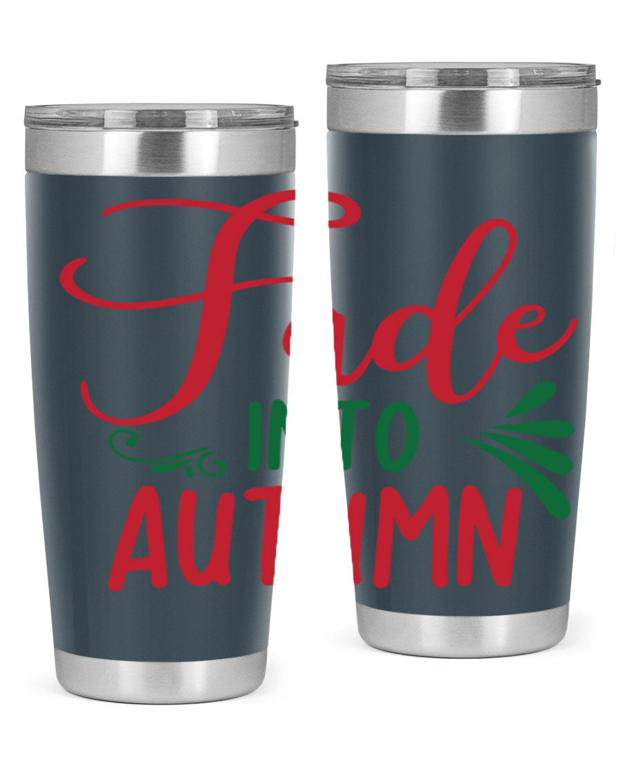 Fade Into Autumn 20oz Tumbler made of stainless steel with a copper lining, featuring a drink-thru lid and autumn-themed design.