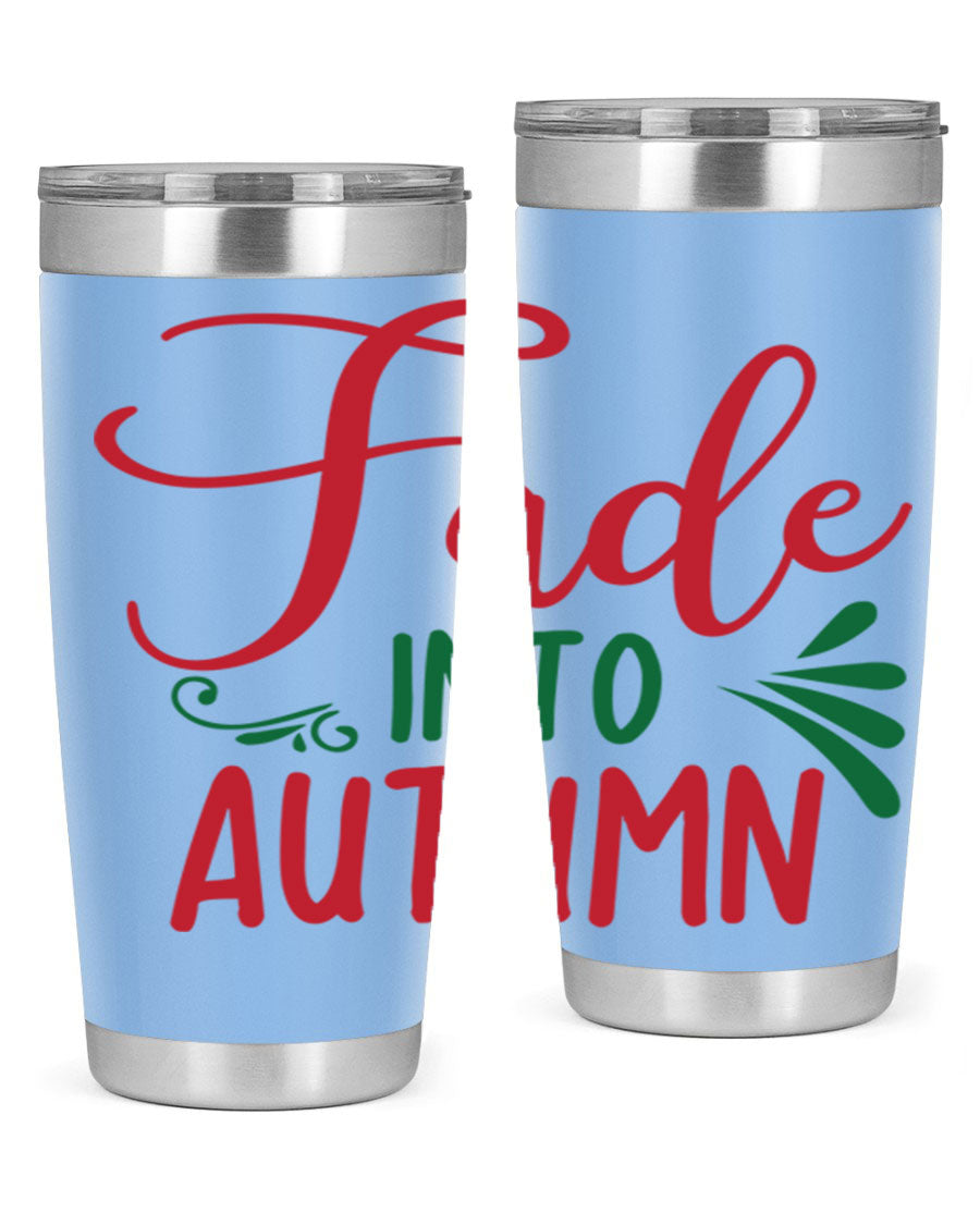 Fade Into Autumn 20oz Tumbler made of stainless steel with a copper lining, featuring a drink-thru lid and autumn-themed design.