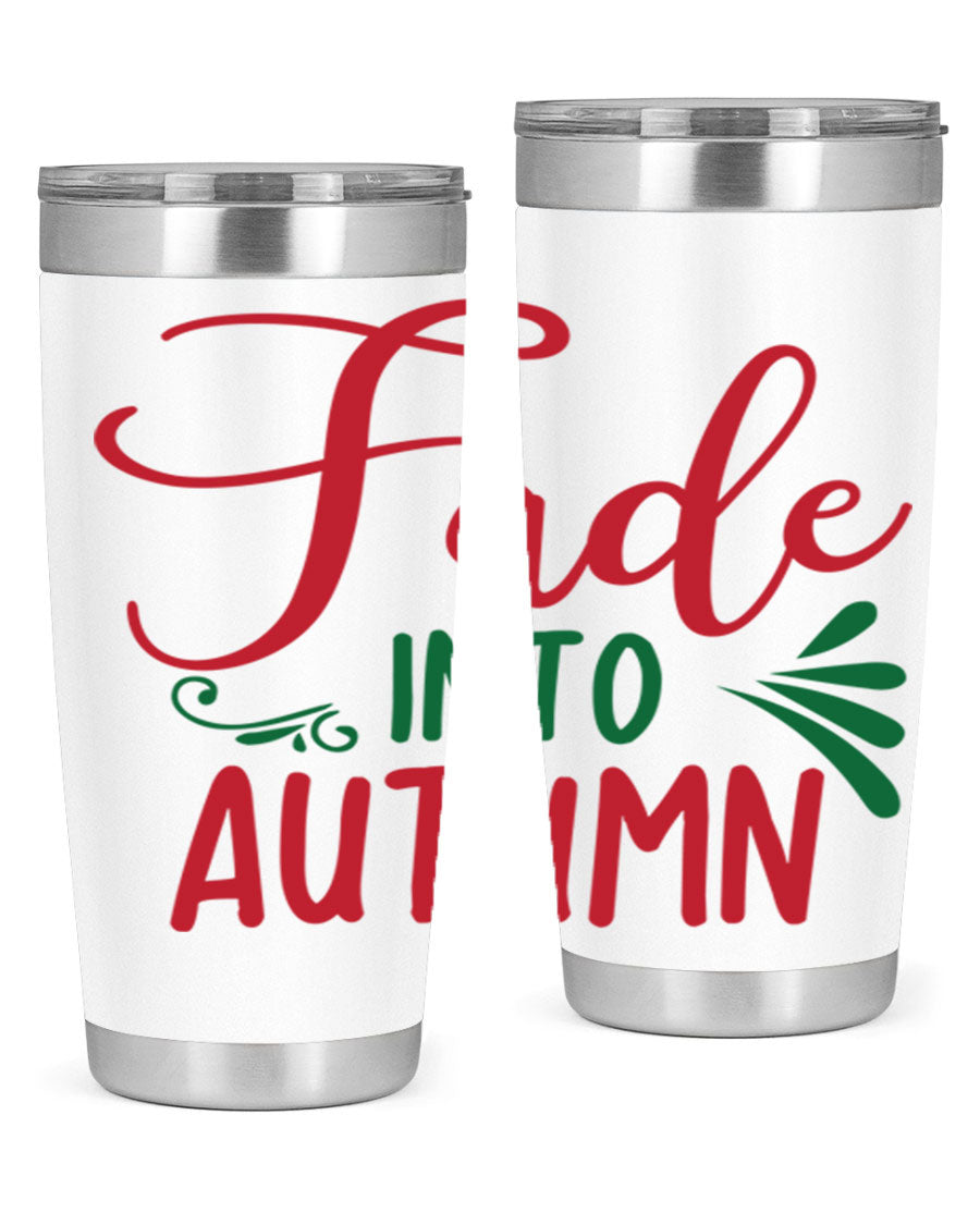 Fade Into Autumn 20oz Tumbler made of stainless steel with a copper lining, featuring a drink-thru lid and autumn-themed design.