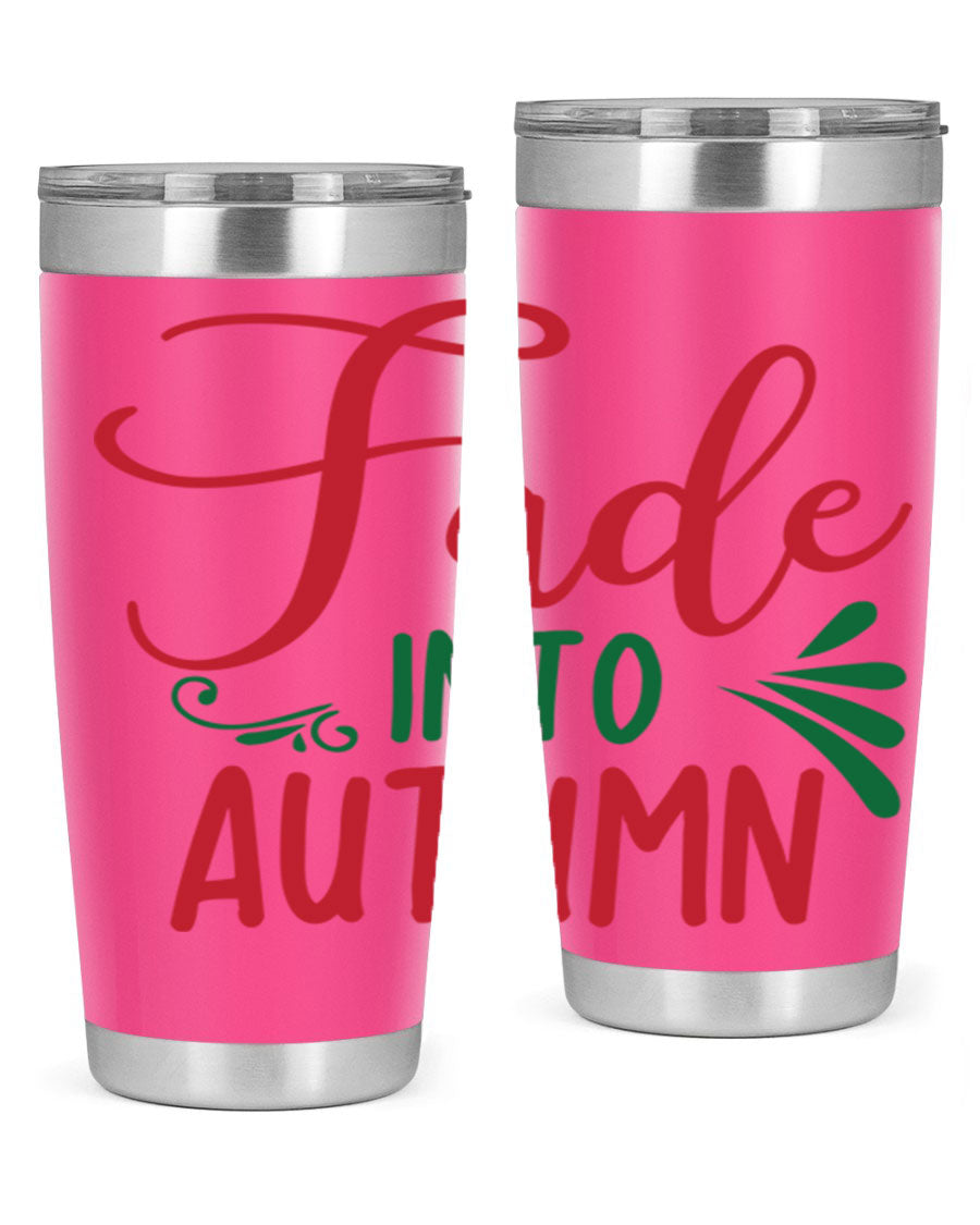Fade Into Autumn 20oz Tumbler made of stainless steel with a copper lining, featuring a drink-thru lid and autumn-themed design.