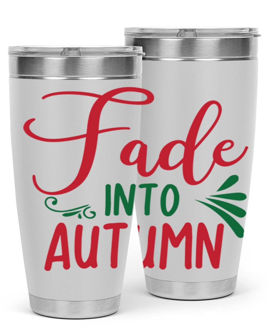 Fade Into Autumn 20oz Tumbler made of stainless steel with a copper lining, featuring a drink-thru lid and autumn-themed design.