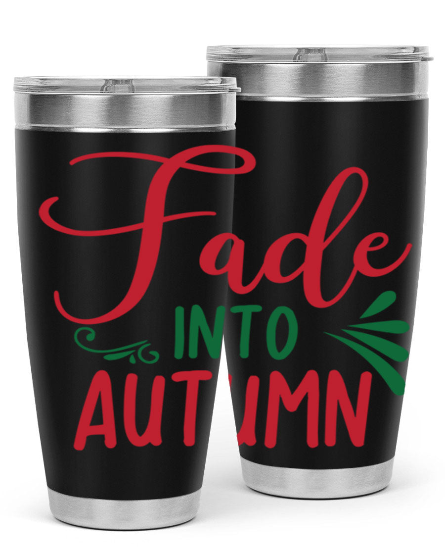 Fade Into Autumn 20oz Tumbler made of stainless steel with a copper lining, featuring a drink-thru lid and autumn-themed design.