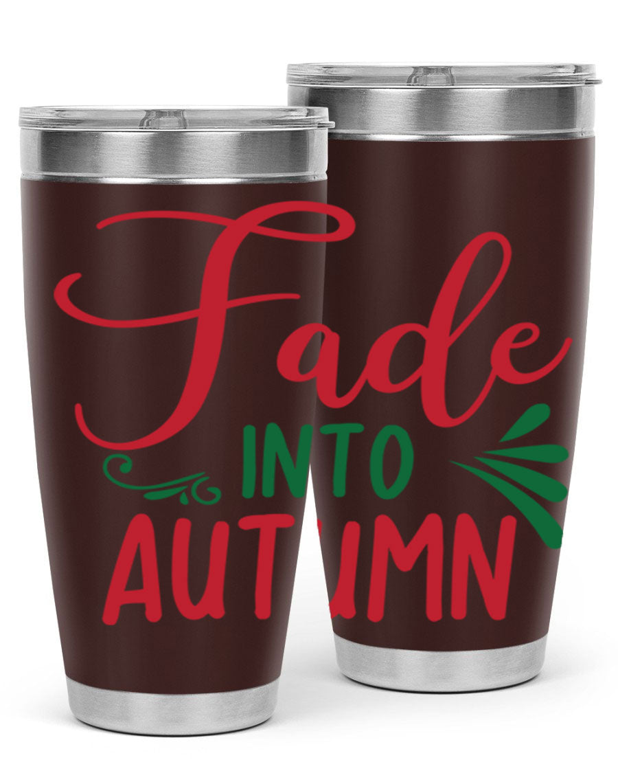 Fade Into Autumn 20oz Tumbler made of stainless steel with a copper lining, featuring a drink-thru lid and autumn-themed design.