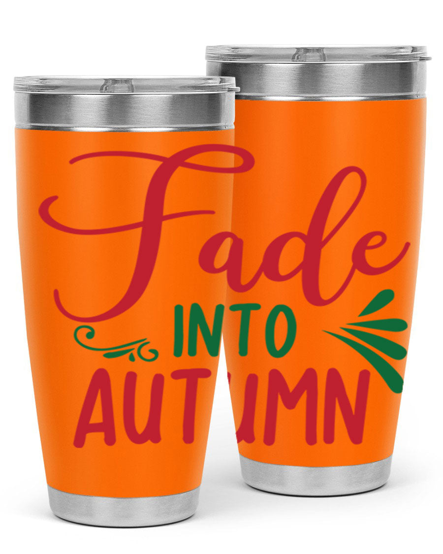 Fade Into Autumn 20oz Tumbler made of stainless steel with a copper lining, featuring a drink-thru lid and autumn-themed design.