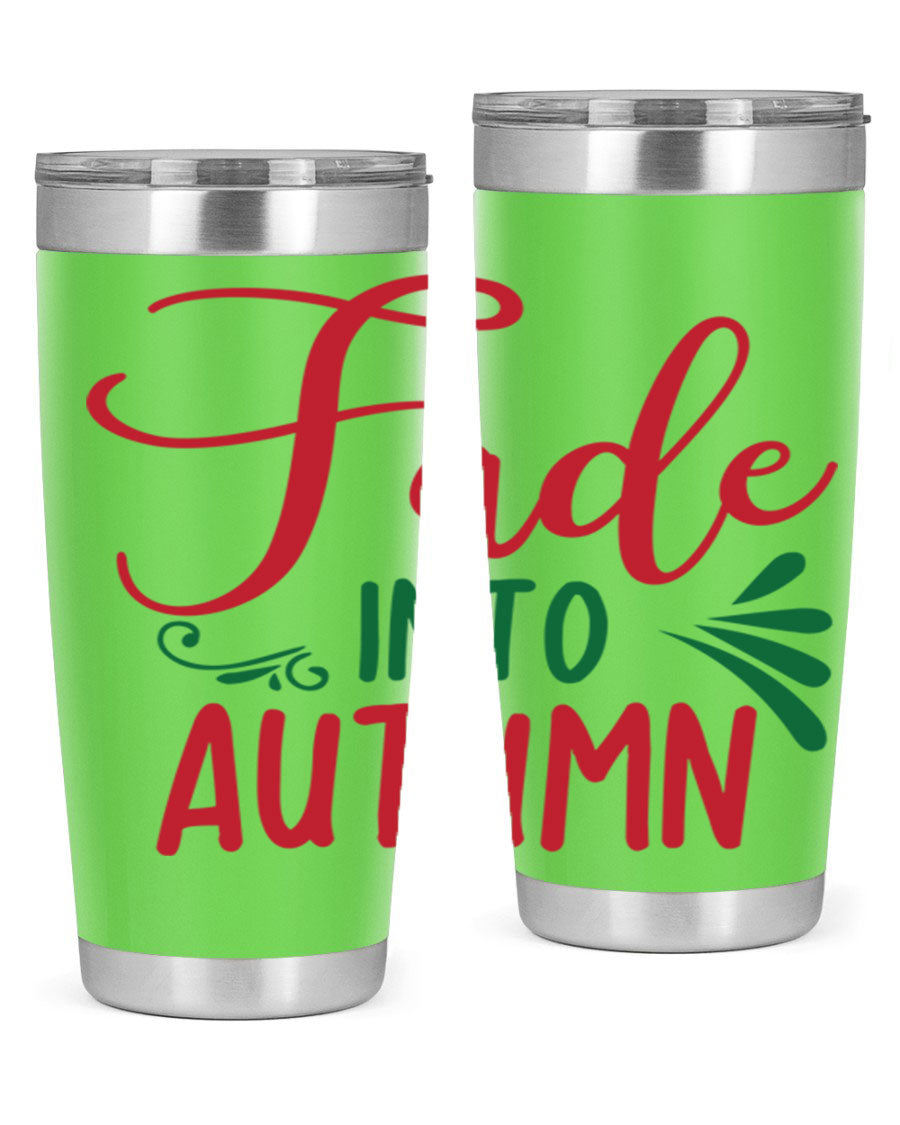 Fade Into Autumn 20oz Tumbler made of stainless steel with a copper lining, featuring a drink-thru lid and autumn-themed design.