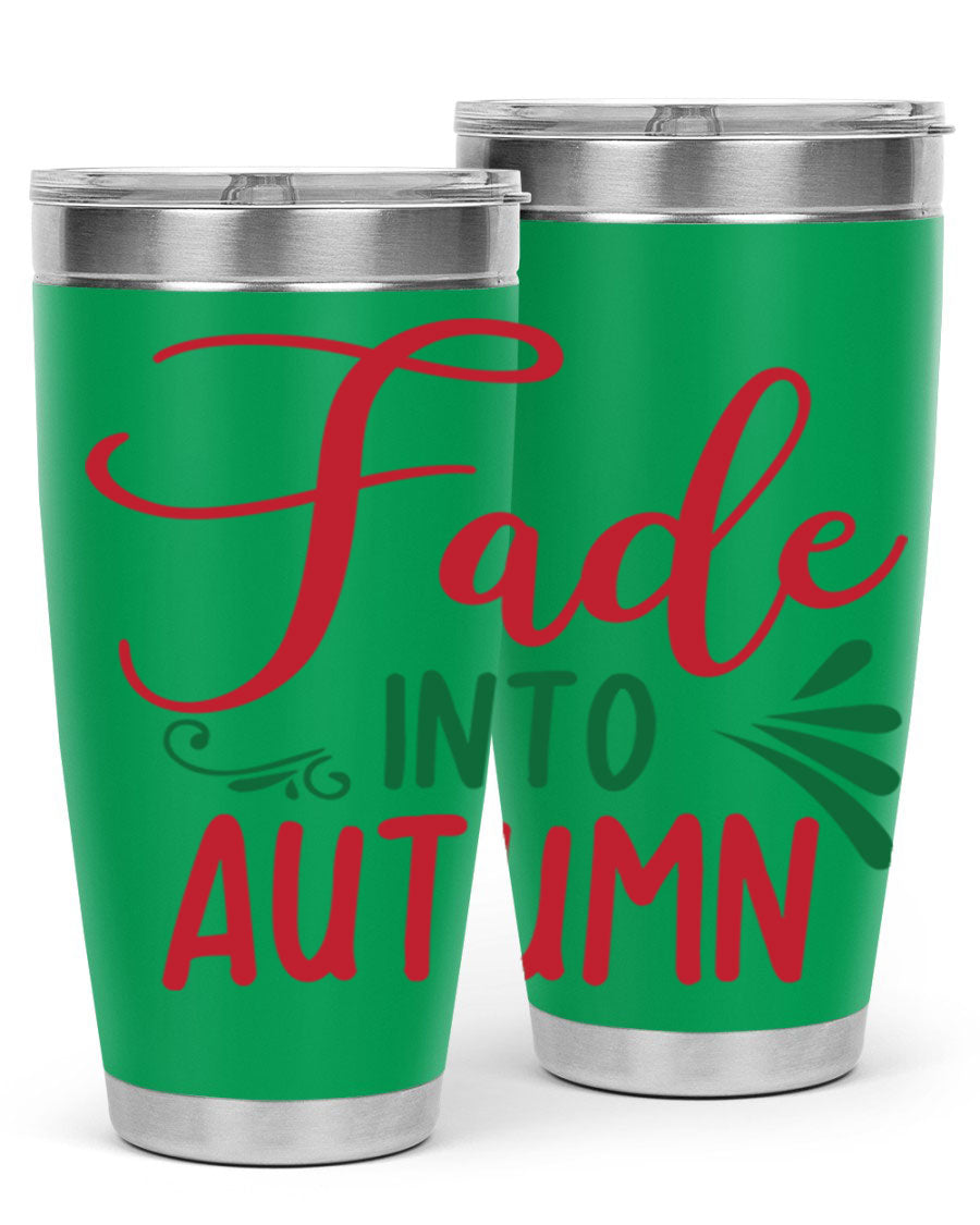 Fade Into Autumn 20oz Tumbler made of stainless steel with a copper lining, featuring a drink-thru lid and autumn-themed design.