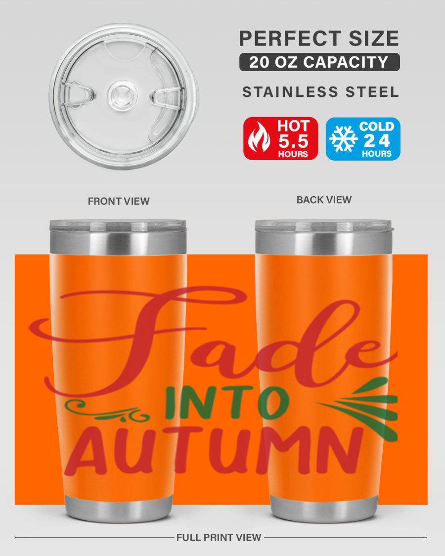 Fade Into Autumn 20oz Tumbler made of stainless steel with a copper lining, featuring a drink-thru lid and autumn-themed design.
