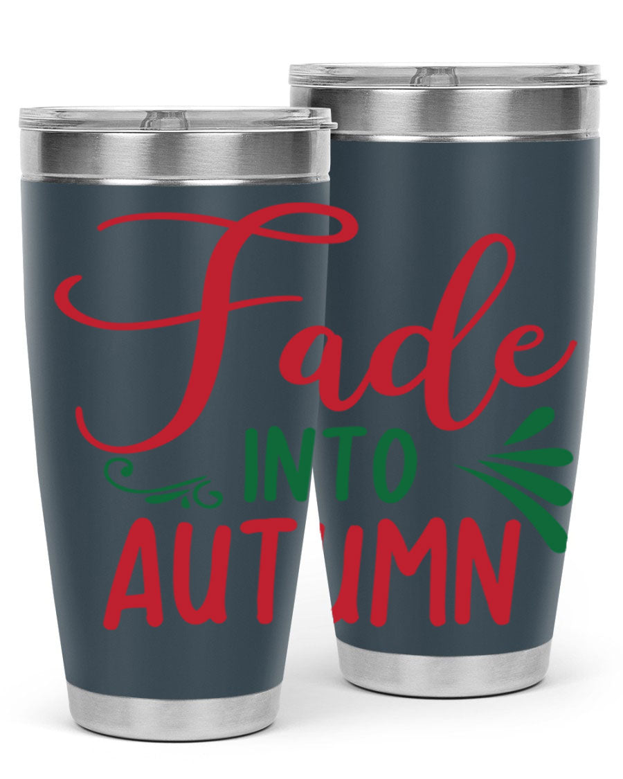 Fade Into Autumn 20oz Tumbler made of stainless steel with a copper lining, featuring a drink-thru lid and autumn-themed design.