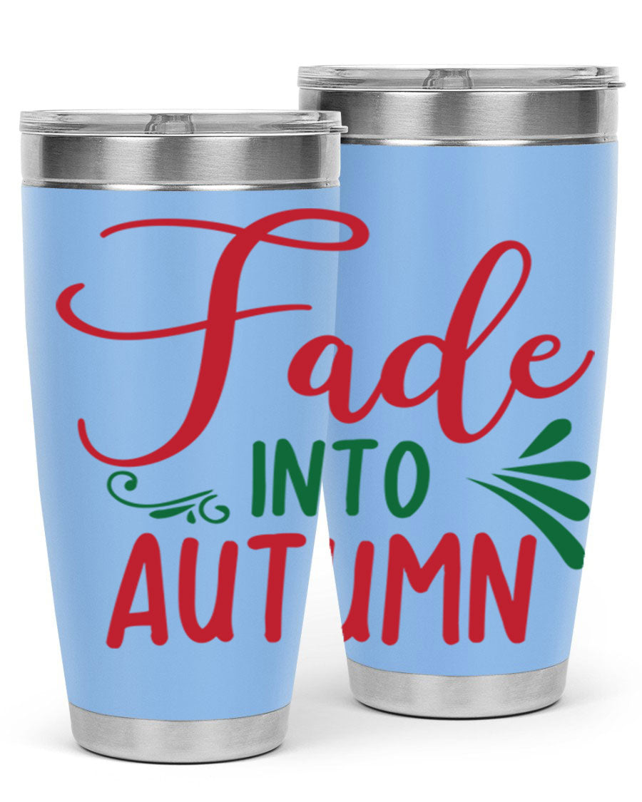 Fade Into Autumn 20oz Tumbler made of stainless steel with a copper lining, featuring a drink-thru lid and autumn-themed design.