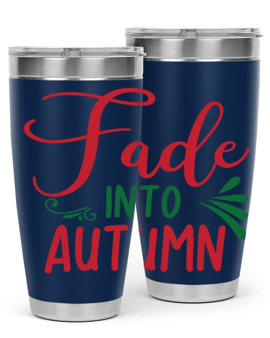 Fade Into Autumn 20oz Tumbler made of stainless steel with a copper lining, featuring a drink-thru lid and autumn-themed design.