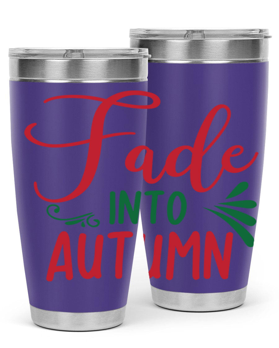 Fade Into Autumn 20oz Tumbler made of stainless steel with a copper lining, featuring a drink-thru lid and autumn-themed design.