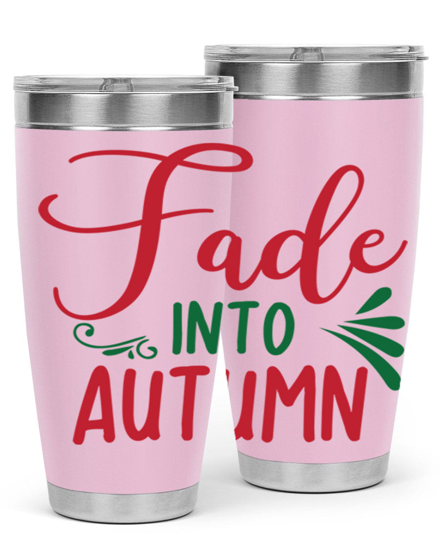 Fade Into Autumn 20oz Tumbler made of stainless steel with a copper lining, featuring a drink-thru lid and autumn-themed design.