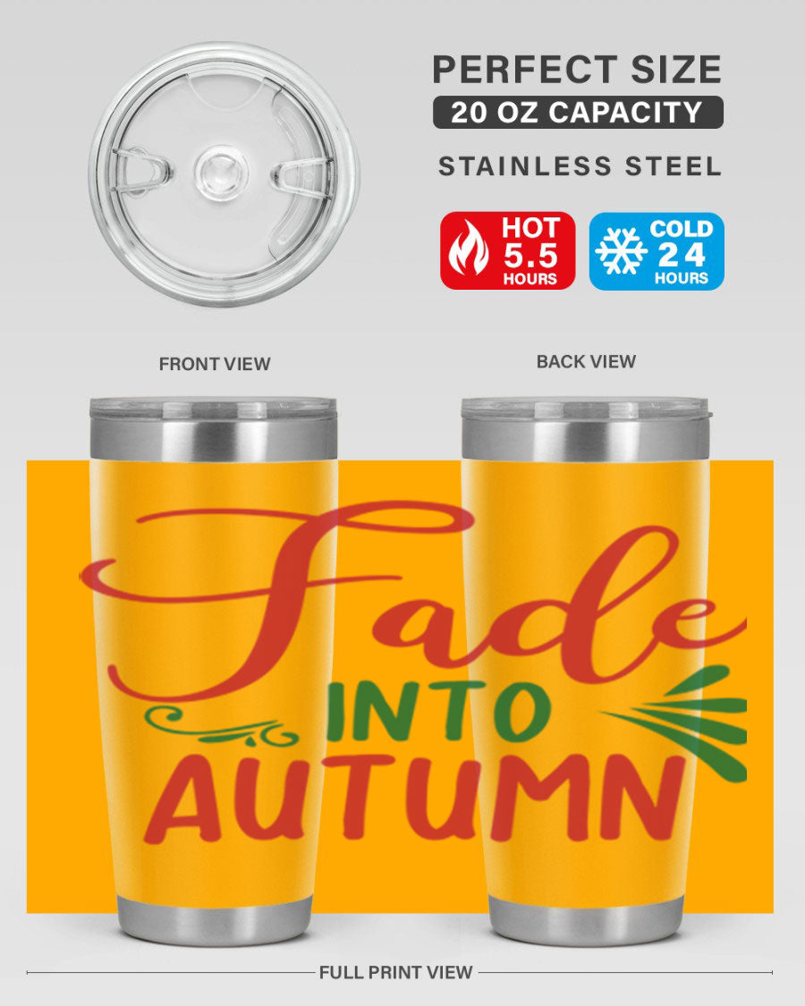 Fade Into Autumn 20oz Tumbler made of stainless steel with a copper lining, featuring a drink-thru lid and autumn-themed design.