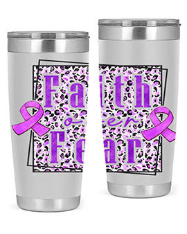 Faih Over Fear Alzheimer's Awareness Tumbler in stainless steel with a vibrant design, showcasing its double wall vacuum insulation.