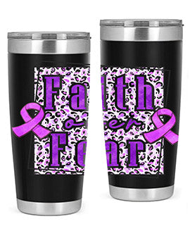 Faih Over Fear Alzheimer's Awareness Tumbler in stainless steel with a vibrant design, showcasing its double wall vacuum insulation.