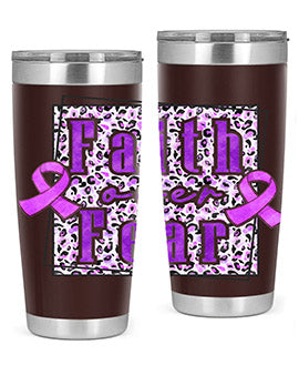 Faih Over Fear Alzheimer's Awareness Tumbler in stainless steel with a vibrant design, showcasing its double wall vacuum insulation.