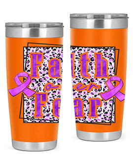 Faih Over Fear Alzheimer's Awareness Tumbler in stainless steel with a vibrant design, showcasing its double wall vacuum insulation.