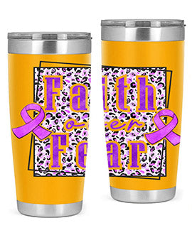 Faih Over Fear Alzheimer's Awareness Tumbler in stainless steel with a vibrant design, showcasing its double wall vacuum insulation.