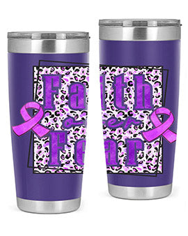Faih Over Fear Alzheimer's Awareness Tumbler in stainless steel with a vibrant design, showcasing its double wall vacuum insulation.