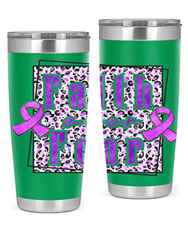 Faih Over Fear Alzheimer's Awareness Tumbler in stainless steel with a vibrant design, showcasing its double wall vacuum insulation.
