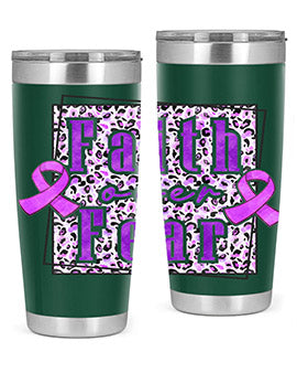 Faih Over Fear Alzheimer's Awareness Tumbler in stainless steel with a vibrant design, showcasing its double wall vacuum insulation.
