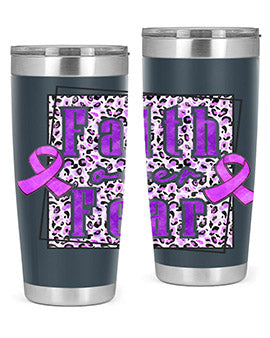 Faih Over Fear Alzheimer's Awareness Tumbler in stainless steel with a vibrant design, showcasing its double wall vacuum insulation.