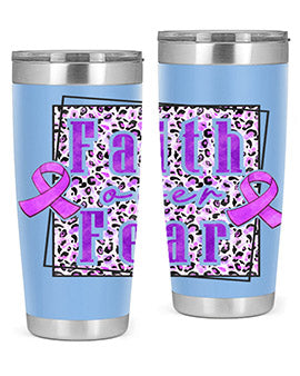 Faih Over Fear Alzheimer's Awareness Tumbler in stainless steel with a vibrant design, showcasing its double wall vacuum insulation.