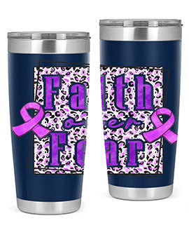 Faih Over Fear Alzheimer's Awareness Tumbler in stainless steel with a vibrant design, showcasing its double wall vacuum insulation.
