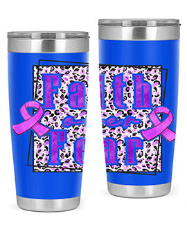 Faih Over Fear Alzheimer's Awareness Tumbler in stainless steel with a vibrant design, showcasing its double wall vacuum insulation.