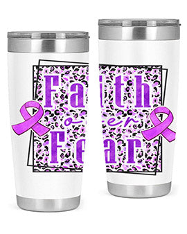 Faih Over Fear Alzheimer's Awareness Tumbler in stainless steel with a vibrant design, showcasing its double wall vacuum insulation.