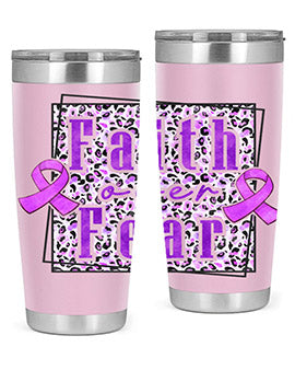 Faih Over Fear Alzheimer's Awareness Tumbler in stainless steel with a vibrant design, showcasing its double wall vacuum insulation.