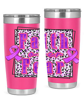 Faih Over Fear Alzheimer's Awareness Tumbler in stainless steel with a vibrant design, showcasing its double wall vacuum insulation.