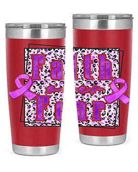 Faih Over Fear Alzheimer's Awareness Tumbler in stainless steel with a vibrant design, showcasing its double wall vacuum insulation.