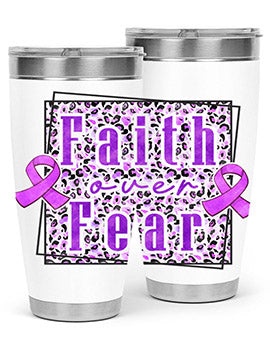 Faih Over Fear Alzheimer's Awareness Tumbler in stainless steel with a vibrant design, showcasing its double wall vacuum insulation.
