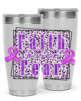 Faih Over Fear Alzheimer's Awareness Tumbler in stainless steel with a vibrant design, showcasing its double wall vacuum insulation.