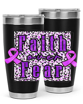 Faih Over Fear Alzheimer's Awareness Tumbler in stainless steel with a vibrant design, showcasing its double wall vacuum insulation.