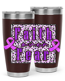 Faih Over Fear Alzheimer's Awareness Tumbler in stainless steel with a vibrant design, showcasing its double wall vacuum insulation.
