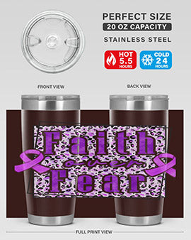 Faih Over Fear Alzheimer's Awareness Tumbler in stainless steel with a vibrant design, showcasing its double wall vacuum insulation.