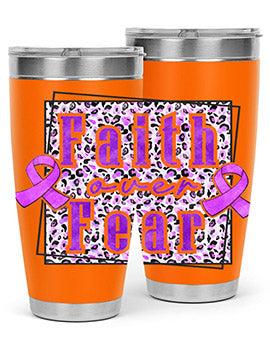 Faih Over Fear Alzheimer's Awareness Tumbler in stainless steel with a vibrant design, showcasing its double wall vacuum insulation.