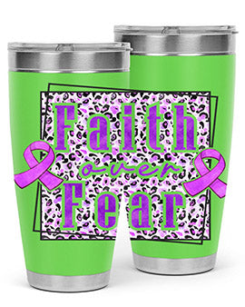 Faih Over Fear Alzheimer's Awareness Tumbler in stainless steel with a vibrant design, showcasing its double wall vacuum insulation.