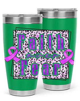 Faih Over Fear Alzheimer's Awareness Tumbler in stainless steel with a vibrant design, showcasing its double wall vacuum insulation.