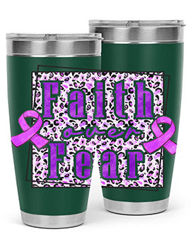 Faih Over Fear Alzheimer's Awareness Tumbler in stainless steel with a vibrant design, showcasing its double wall vacuum insulation.