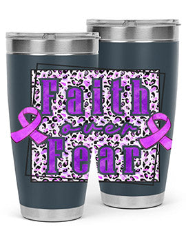 Faih Over Fear Alzheimer's Awareness Tumbler in stainless steel with a vibrant design, showcasing its double wall vacuum insulation.