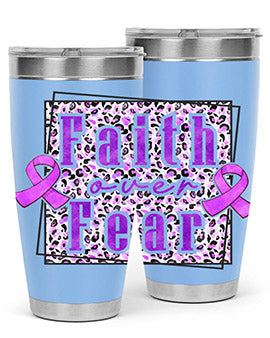 Faih Over Fear Alzheimer's Awareness Tumbler in stainless steel with a vibrant design, showcasing its double wall vacuum insulation.