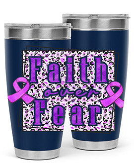 Faih Over Fear Alzheimer's Awareness Tumbler in stainless steel with a vibrant design, showcasing its double wall vacuum insulation.