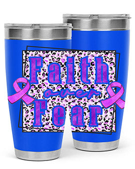 Faih Over Fear Alzheimer's Awareness Tumbler in stainless steel with a vibrant design, showcasing its double wall vacuum insulation.