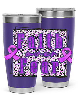 Faih Over Fear Alzheimer's Awareness Tumbler in stainless steel with a vibrant design, showcasing its double wall vacuum insulation.